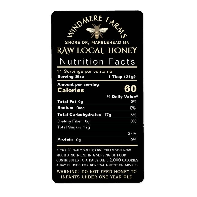Honey Nutrition Infant Warning & Bee Shipping Size (Front)