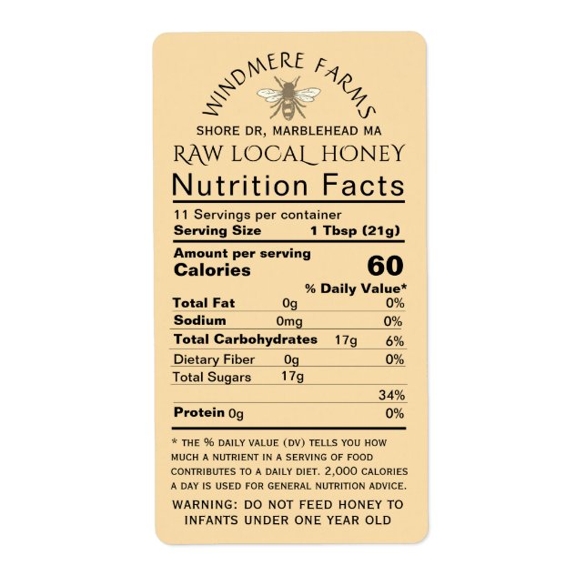 Honey Nutrition Infant Warning & Bee Shipping Size (Front)