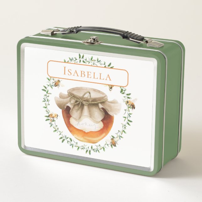 Honey Pot Watercolor Floral Personalized Metal Lunch Box (Front)