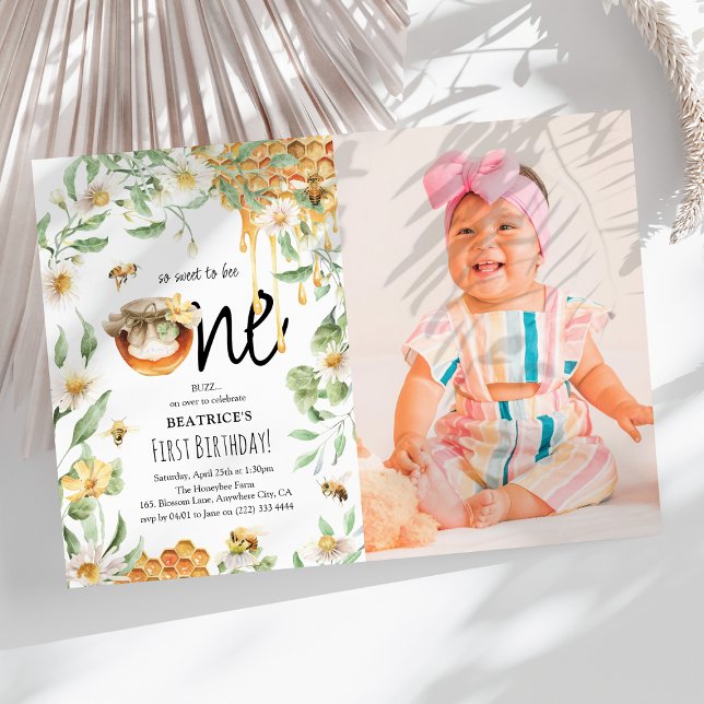 Honey 'Sweet to Bee ONE' 1st Birthday Photo Invitation (Creator Uploaded)