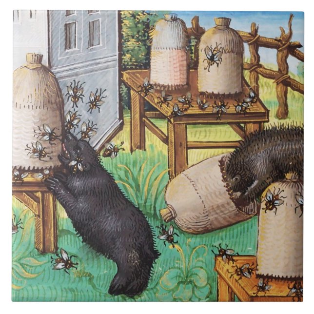 HONEY THIEF BEARS,BEES,BEE HIVES Medieval Apiarist Tile (Front)