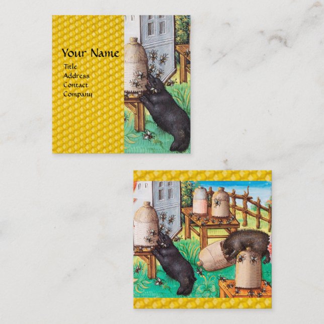 HONEY THIEF BEARS,BEES,BEE HIVES Medieval Apiary Square Business Card (Front/Back)