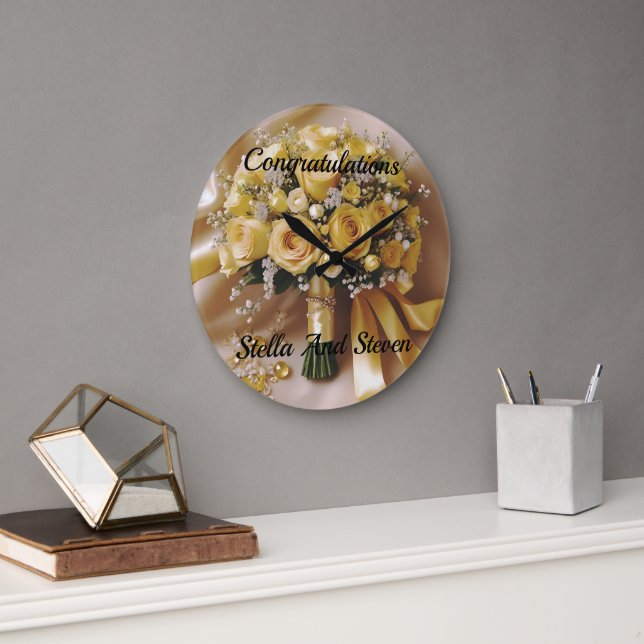 Honey Yellow Roses Wedding Bouquet, Large Clock (Office)
