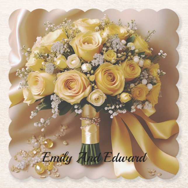 Honey Yellow Roses Wedding Bouquet, Paper Coaster (Front)