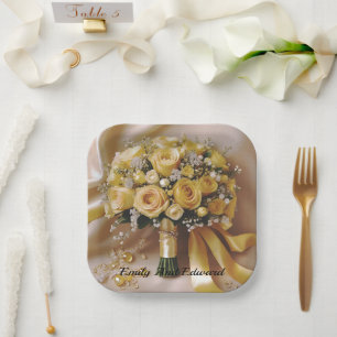 Honey Yellow Roses Wedding Bouquet, Paper Plate