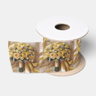 Honey Yellow Roses Wedding Bouquet, Satin Ribbon