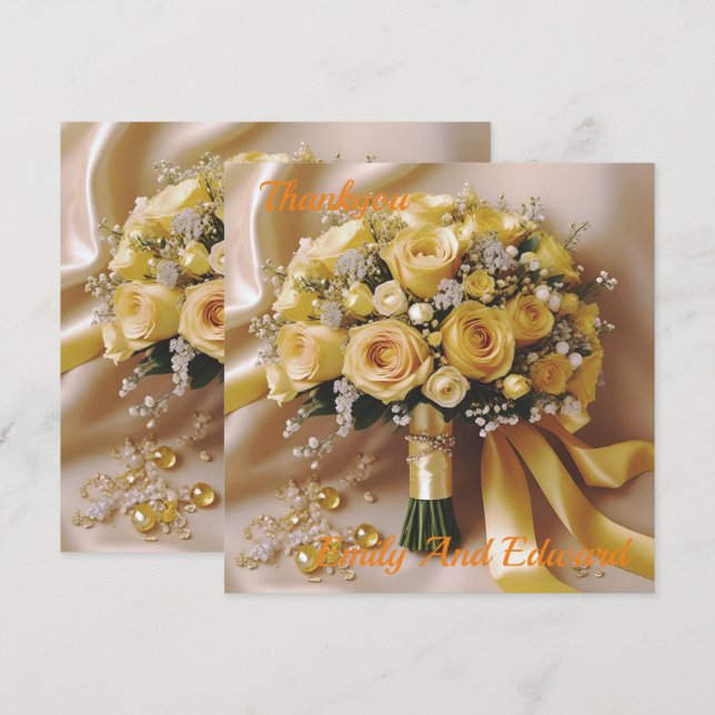 Honey Yellow Roses Wedding Bouquet,  Thank You Card (Front/Back)