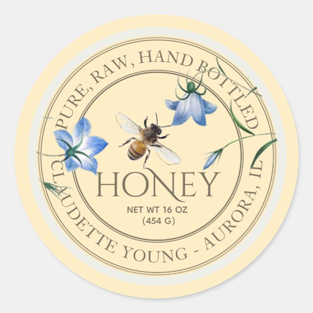 Honeybee and Blue Flowers Honey Pale Yellow Label (Front)
