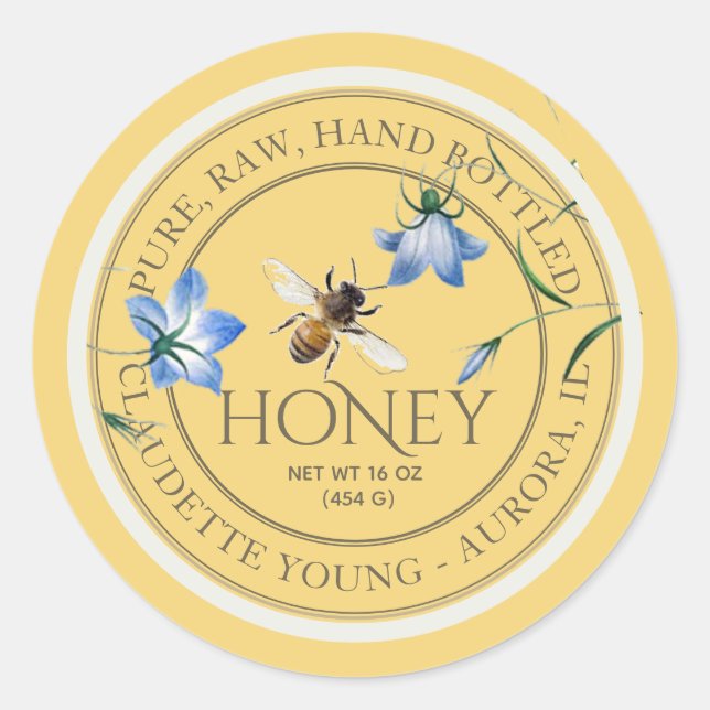 Honeybee and Blue Flowers Yellow Honey Label (Front)
