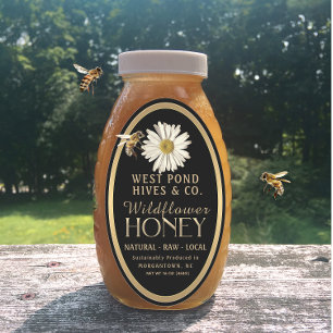 Honeybee and Daisy 16 oz Queenline Jar Black Honey Oval Sticker