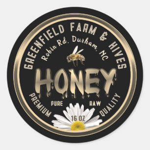 Honeybee and Daisy Gold Dripping Honey on Black    Classic Round Sticker