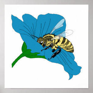Honeybee Blue Flower Illustration Poster
