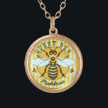 Honeybee Bumblebee Queen Bee Honey | Personalized Gold Plated Necklace<br><div class="desc">This super sweet honeybee necklace has an original drawing of a yellow and black bee. It has white-blue wings that are spread out like it's ready to fly. Behind it, it rests on a circle of honeycomb with a striped border and fleur de lis. It's perfect for any queen bee....</div>