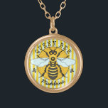 Honeybee Bumblebee Queen Bee Honey | Personalized Gold Plated Necklace<br><div class="desc">This super sweet honeybee necklace has an original drawing of a yellow and black bee. It has white-blue wings that are spread out like it's ready to fly. Behind it, it rests on a circle of honeycomb with a striped border and fleur de lis. It's perfect for any queen bee....</div>