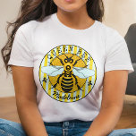 Honeybee Bumblebee Queen Bee Honey | Personalized T-Shirt<br><div class="desc">This super sweet honeybee t-shirt has an original drawing of a yellow and black bee. It has white-blue wings that are spread out like it's ready to fly. Behind it, it rests on a circle of honeycomb with a striped border and fleur de lis. It's perfect for any queen bee....</div>