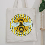 Honeybee Bumblebee Queen Bee Pretty | Personalized Tote Bag<br><div class="desc">This super sweet honeybee tote bag has an original, hand-drawn image of a yellow and black bee on a striped background. It has gossamer white-blue wings that are spread out like it's ready to fly. This nature - inspired design is perfect for any queen bee. It would also make a...</div>