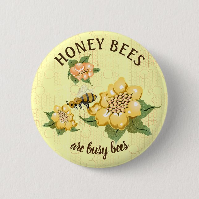 Honeybee Busy Bee Honeycomb Flowers 2 Inch Round Button (Front)