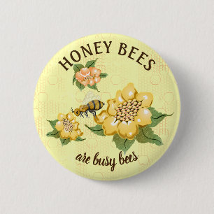 Honeybee Busy Bee Honeycomb Flowers 2 Inch Round Button