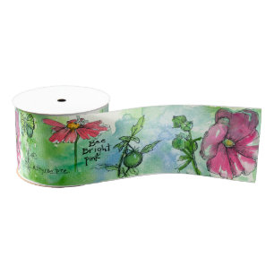 Honeybee Cosmos Watercolor Flowers Green Grosgrain Ribbon