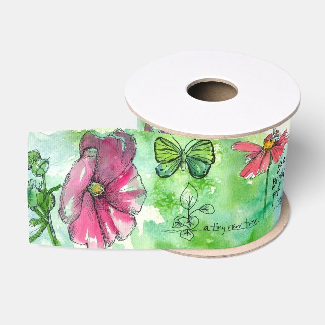 Honeybee Cosmos Watercolor Flowers Green Grosgrain Ribbon (Spool)