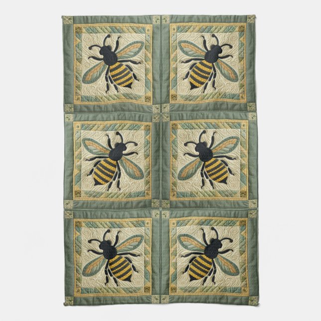 Honeybee Faux Quilt Two Kitchen Towel (Vertical)