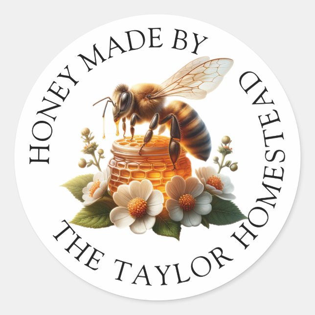 Honeybee, Flowers and Honey Personalized Classic Round Sticker (Front)