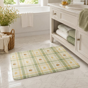 Honeybee Garden Plaid Soft Sage and Golden Bee Bath Mat
