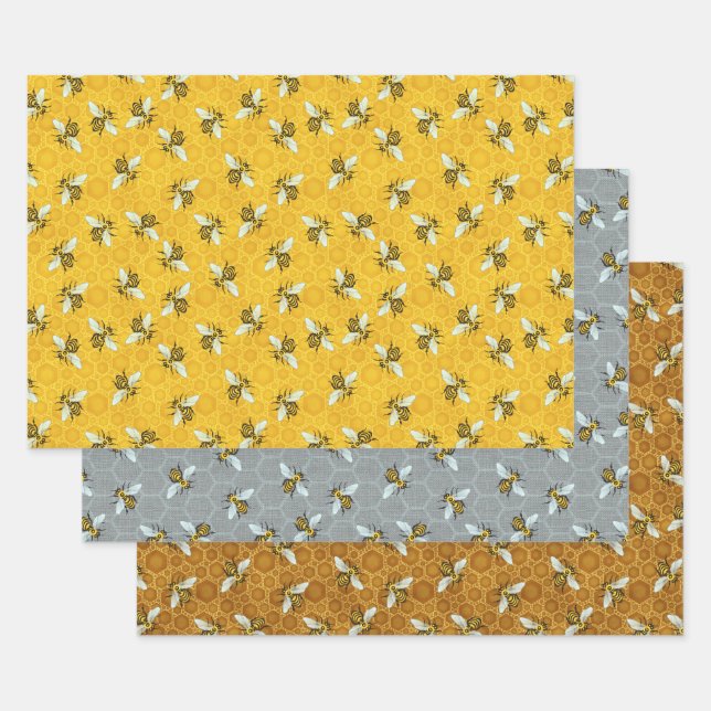 Honeybee Honeycomb Beehive Bees Apiary Patterns Wrapping Paper Sheet (Set)
