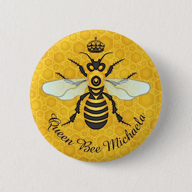 Honeybee Honeycomb Bumble Bee Queen | Custom Name 2 Inch Round Button (Front)