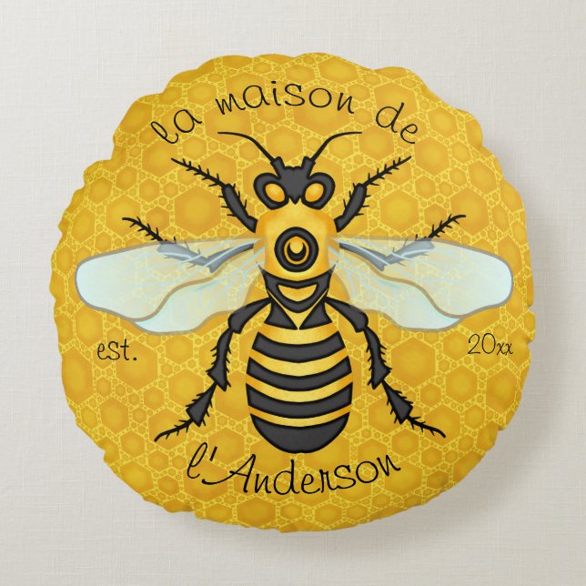 Honeybee Honeycomb Elegant French Bee Family Name Round Pillow (Front)