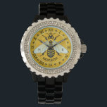 Honeybee Honeycomb French Bee Bumblebee Custom Watch<br><div class="desc">This beautiful honeybee wristwatch shows a pretty bee over a bright honeycomb background. The yellow and black bee has gossamer white-blue wings. The background is a pretty golden beehive honeycomb pattern. The bee comes alive and seems to reach right out of the design, its wings spreading over the Roman numeral...</div>