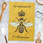 Honeybee Honeycomb French Bee Elegant Custom Name Kitchen Towel<br><div class="desc">This beautiful honeybee kitchen towel shows a large bee and crown over a light, bright honeycomb background. The yellow and black bee has gossamer white-blue wings that are spread out like it's ready to fly. The background is a pretty golden beehive honeycomb pattern. Use the templates to easily change the...</div>