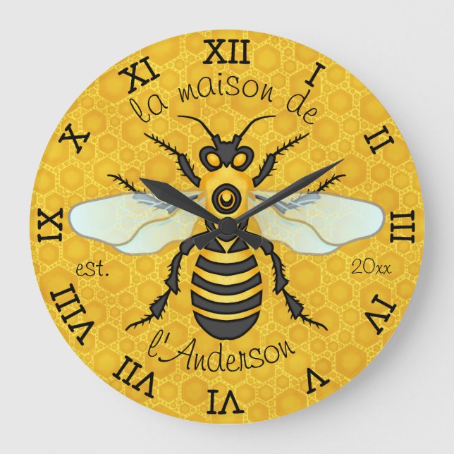 Honeybee Honeycomb French Bee Family Name Elegant Large Clock (Front)