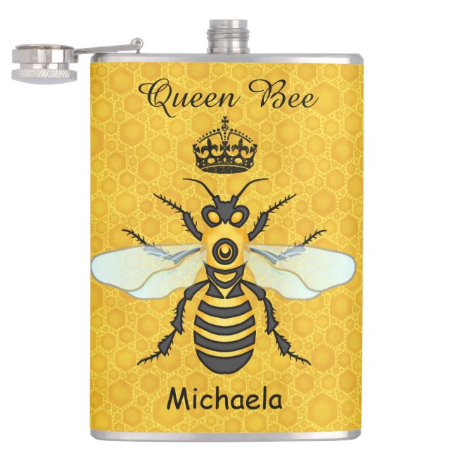 Honeybee Honeycomb Queen Bee Crown Custom Text Hip Flask (Opened)
