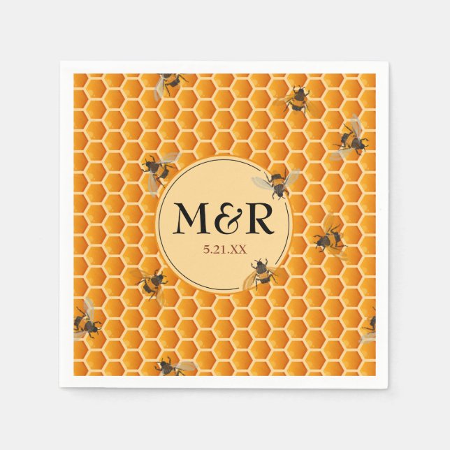 Honeybee Monogram Initials Gold Wedding Napkin (Front)