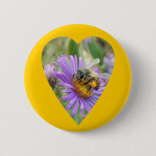 Honeybee on Fall Asters Heart 2 Inch Round Button