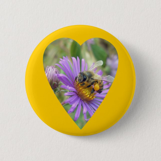 Honeybee on Fall Asters Heart 2 Inch Round Button (Front)