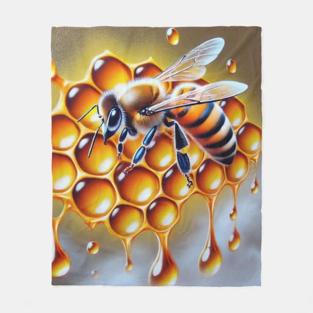 Honeybee on Honeycomb With Dripping Golden Honey Fleece Blanket (Front)