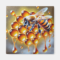 Honeybee on Honeycomb With Dripping Golden Honey