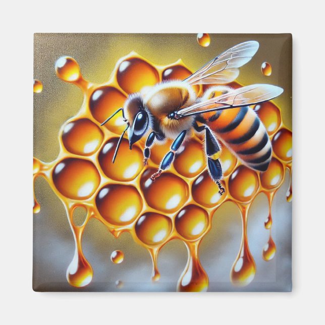 Honeybee on Honeycomb With Dripping Golden Honey Magnet (Front)
