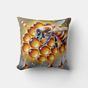 Honeybee on Honeycomb With Dripping Golden Honey Throw Pillow