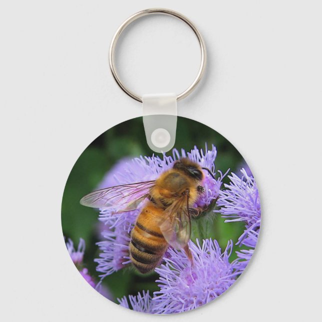 Honeybee on Purple Ageratum Flowers Keychain (Front)
