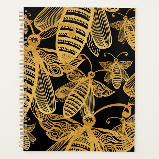 Honeybee Pattern Elegant Gold Black Planner (Front)