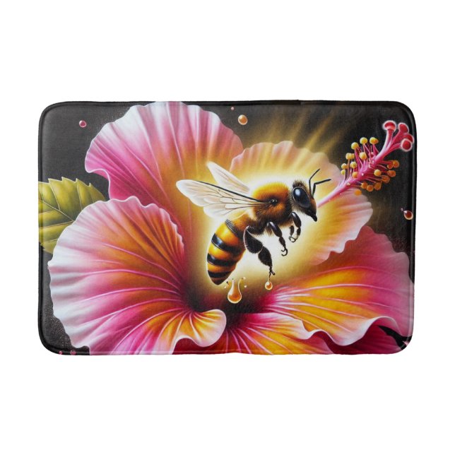 Honeybee Pollinating a Blooming Bright Hibiscus  Bath Mat (Front)