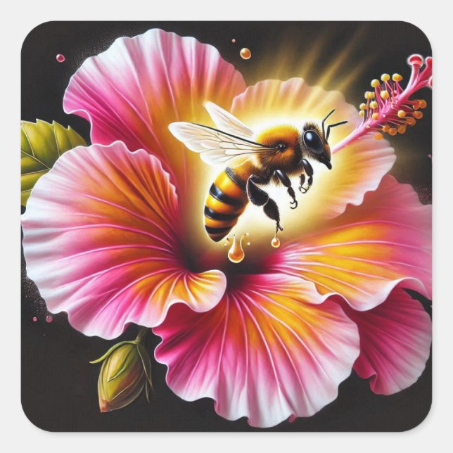 Honeybee Pollinating a Blooming Bright Hibiscus Square Sticker (Front)