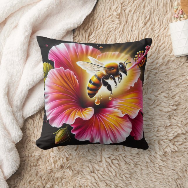 Honeybee Pollinating a Blooming Bright Hibiscus  Throw Pillow (Blanket)