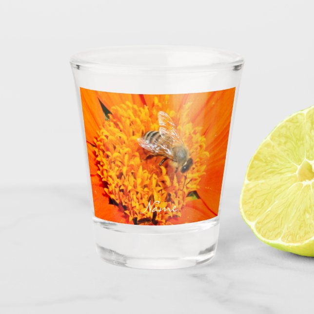Honeybee pollinating flower Thunder_Cove Orange Shot Glass (Front)