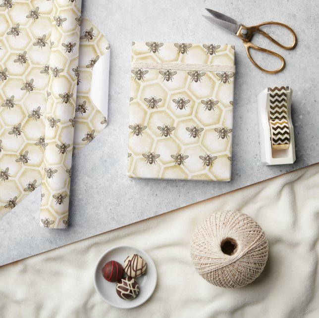Honeybees Vintage Style Honeycomb Bee Pattern Wrapping Paper (Crafts)