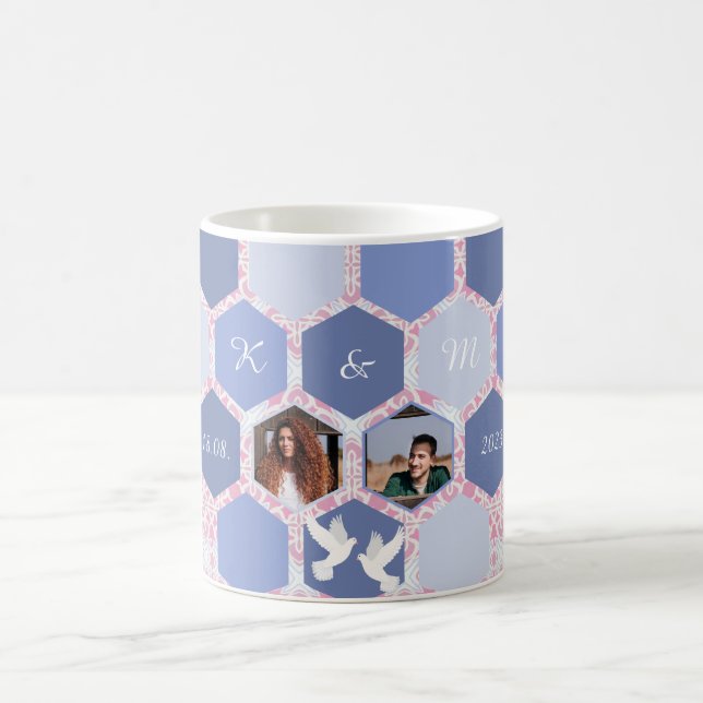 Honeycomb Abstract Pattern | Couple Photo and Text Coffee Mug (Center)