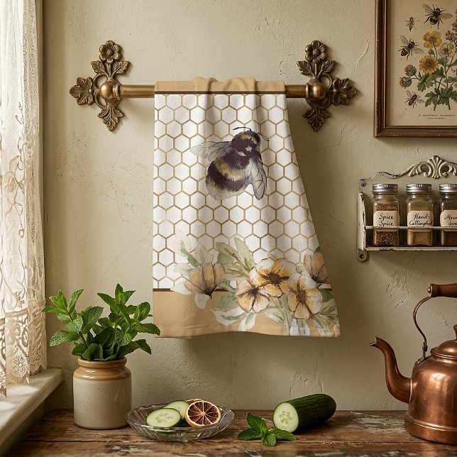 Honeycomb and bee floral kitchen towel (Creator Uploaded)